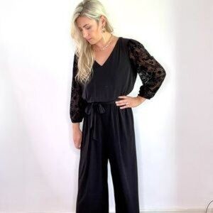 Apt. 9 Semi Sheer Sleeve JUMPSUIT Large 14 16 18 Black sash belt elastic waist